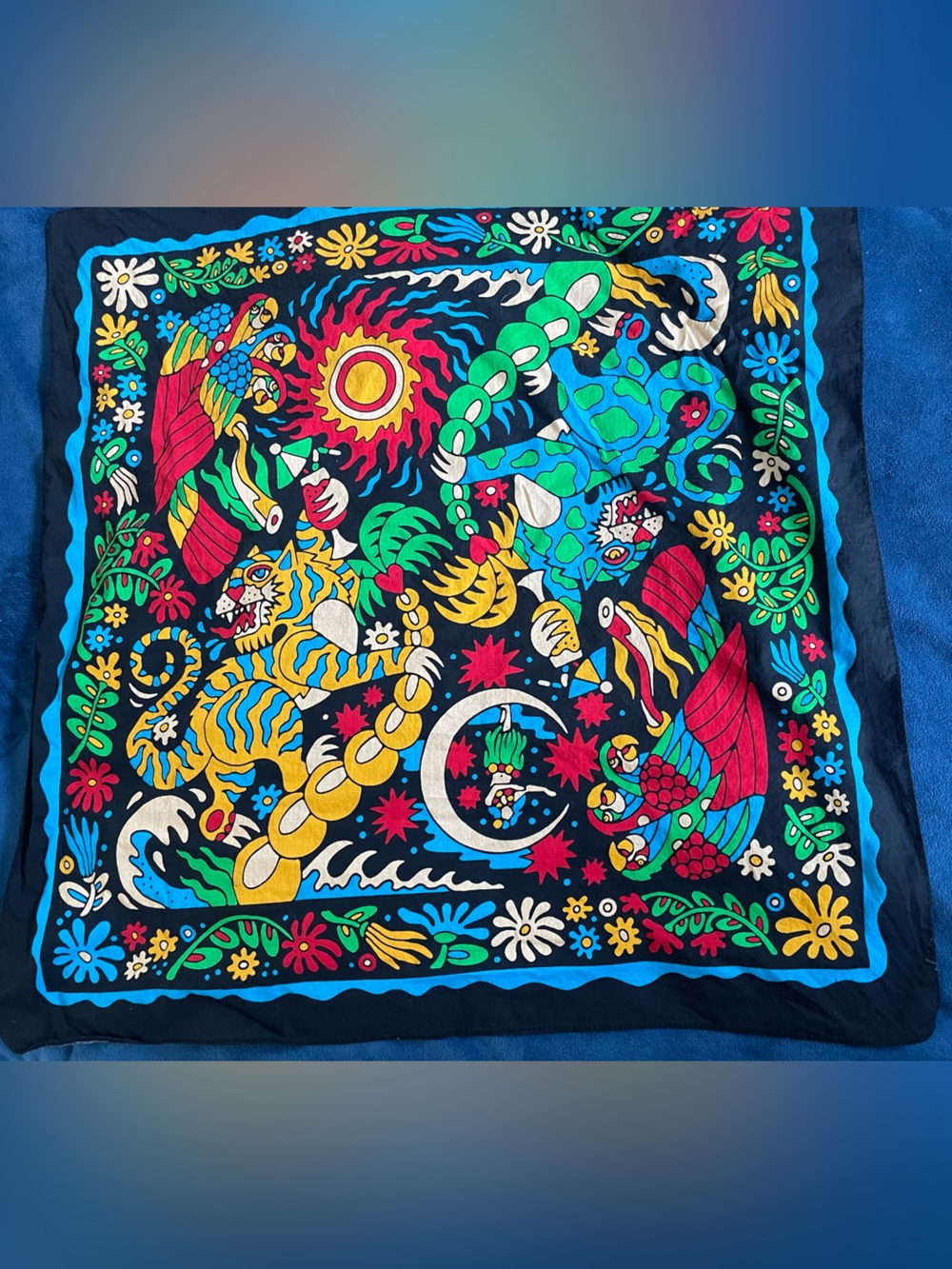 Colorful Tiger & Parrot Graphic Scarf - Black Base with Bright Accents